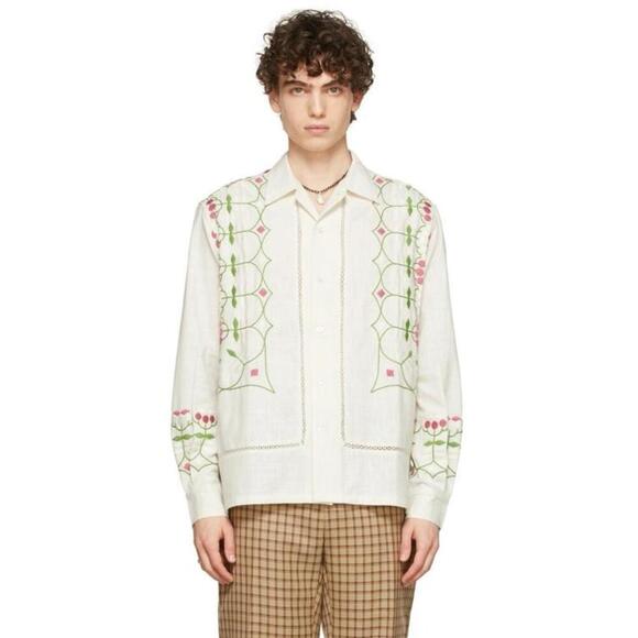 BODE Mens White Embroidered Nouveau Fleur Shirt Size L/XL plain-woven linen Boho - Picture 13 of 15